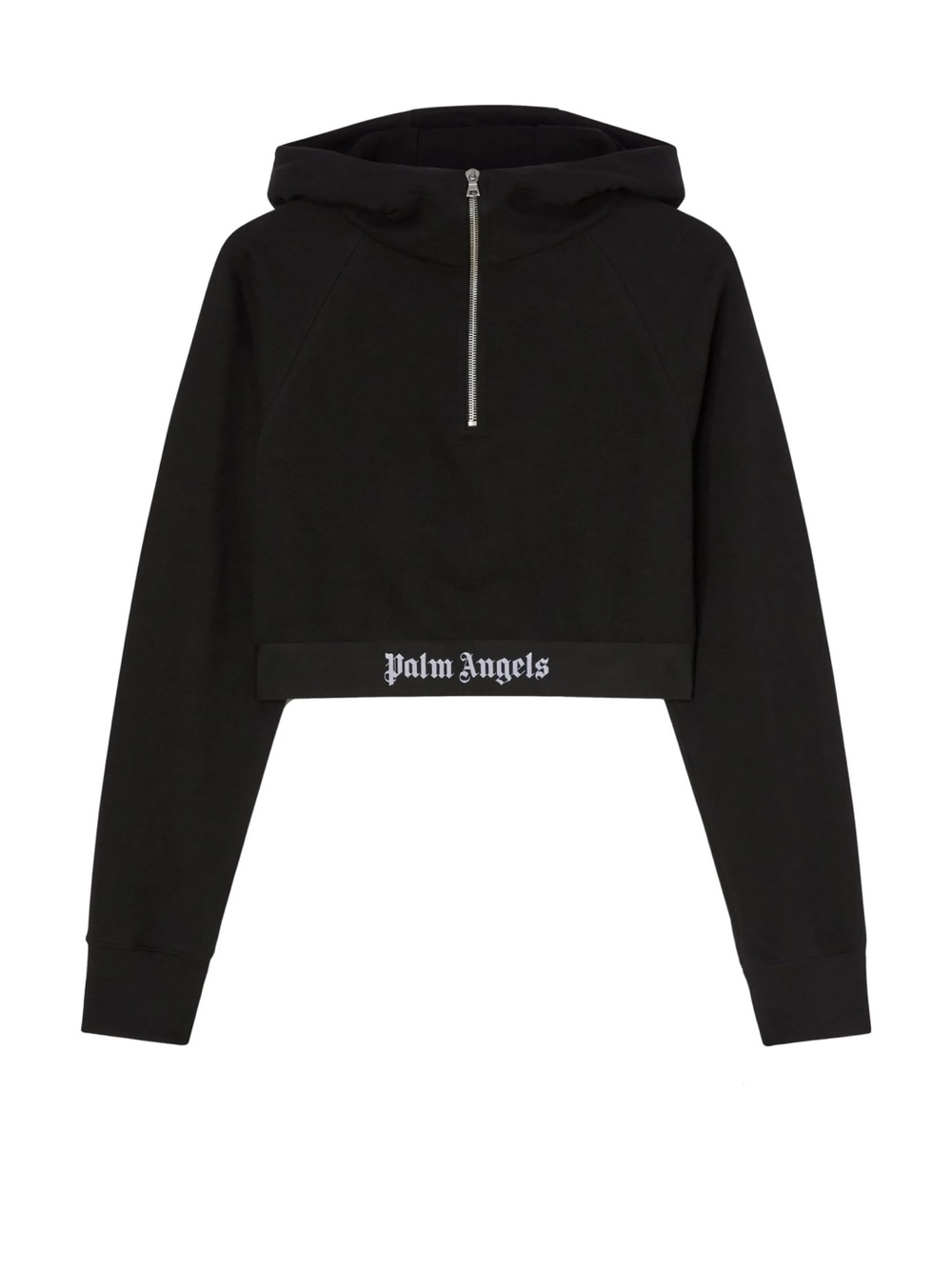 Palm Angels Black Cropped Hoodie with White Logo and Silver Zip